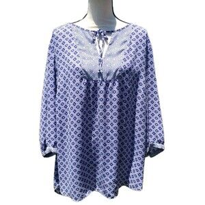 NYDJ Shirt Women 2X Blue White Geometric Abstract Boho Career Artsy Casual Tunic